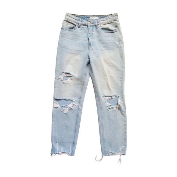 TNR Jeans Denim Women 28 Blue High Rise 5-Pocket Distressed Straight Leg Raw Hem - Picture 1 of 7